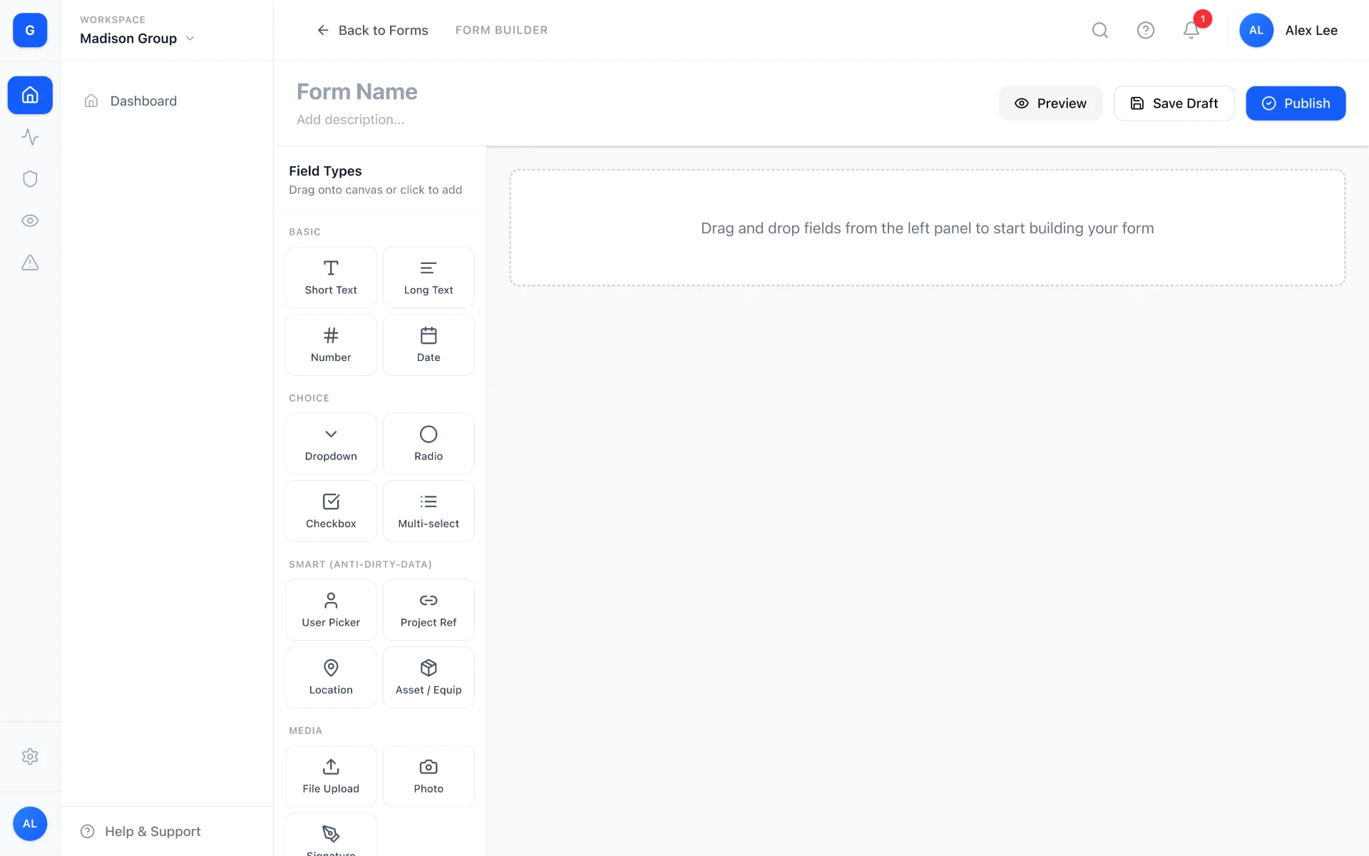 Organizing the Form Builder's field palette by function, not just type
