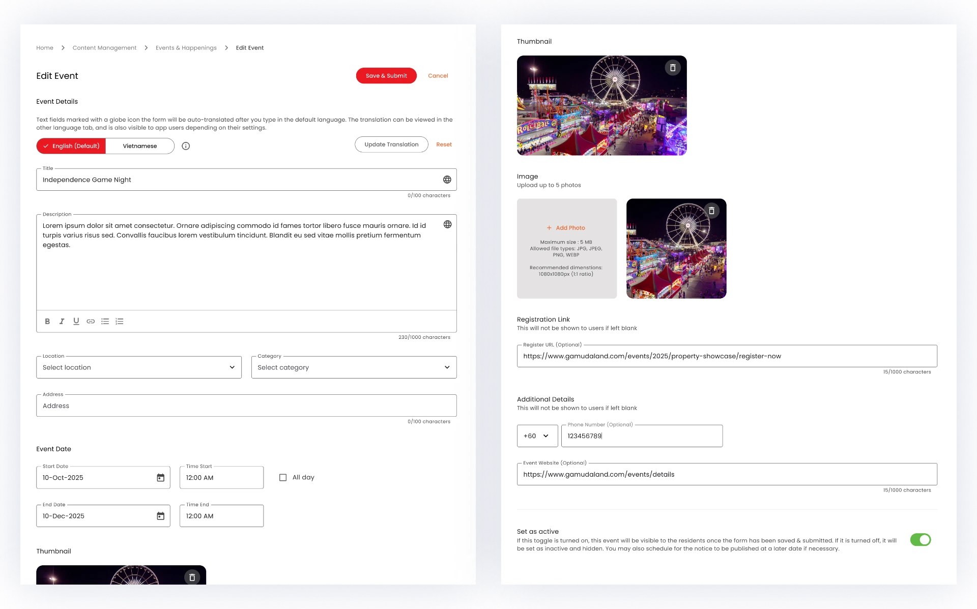 Events & Happenings — Admin-side event edit form