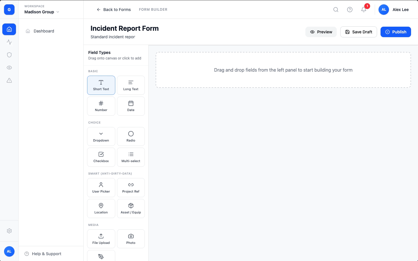 Form Builder — dragging fields from the categorized palette onto the canvas