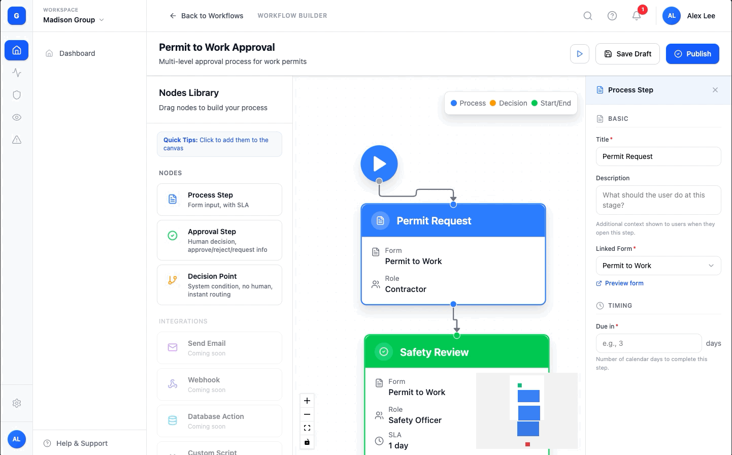 Workflow Builder — linking a form directly inside a process step's settings