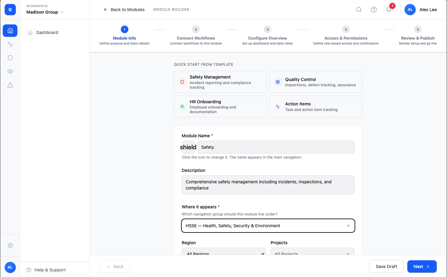 Module Builder — guided 5-step setup flow